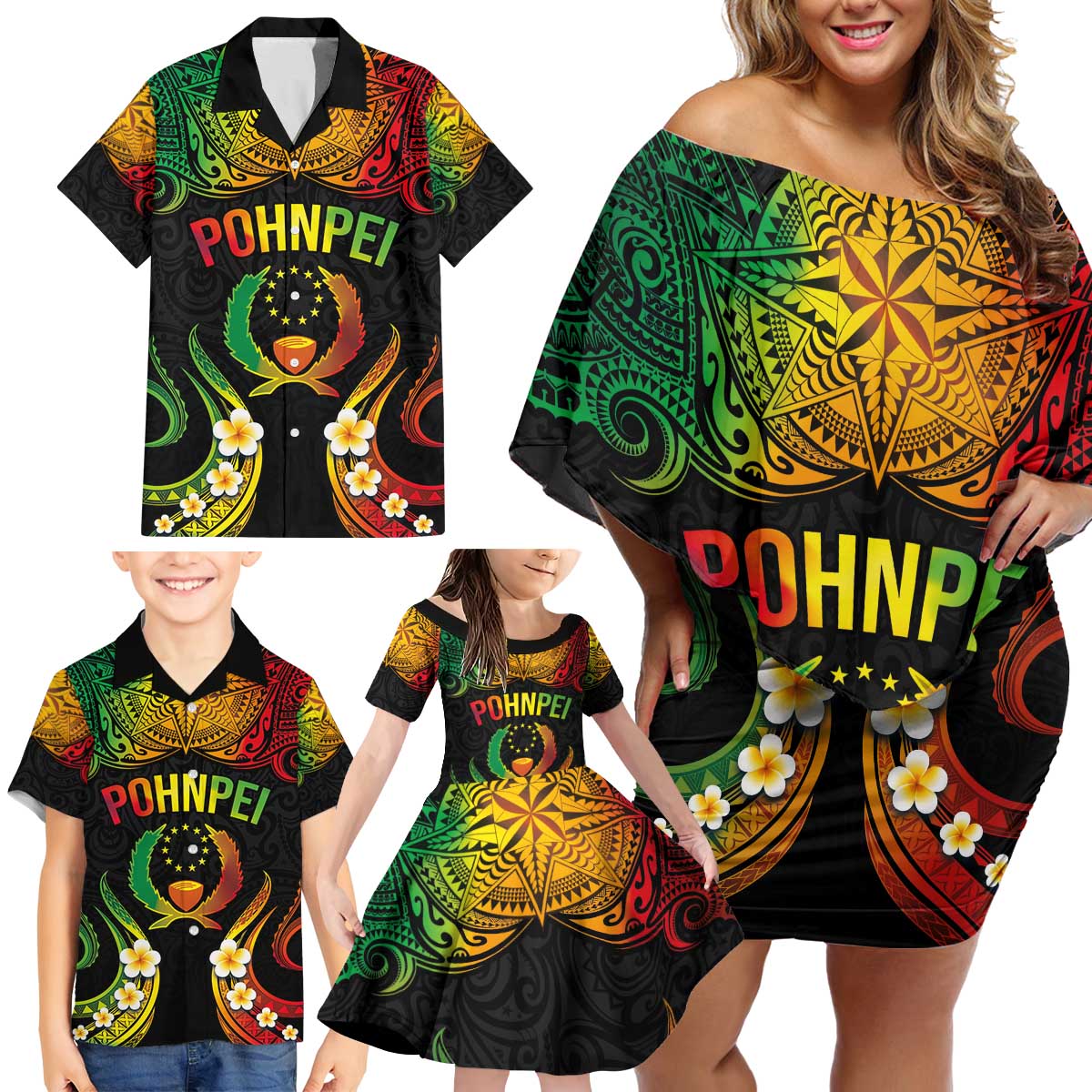 Personalised Pohnpei Independence Day Family Matching Off Shoulder Short Dress and Hawaiian Shirt Polynesian Tattoo and Plumeria Reggae Color LT03 - Polynesian Pride