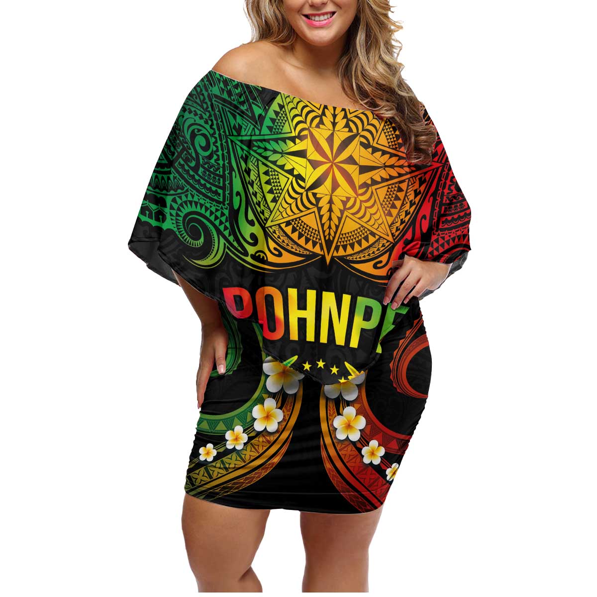 Personalised Pohnpei Independence Day Family Matching Off Shoulder Short Dress and Hawaiian Shirt Polynesian Tattoo and Plumeria Reggae Color LT03 Mom's Dress Reggae - Polynesian Pride
