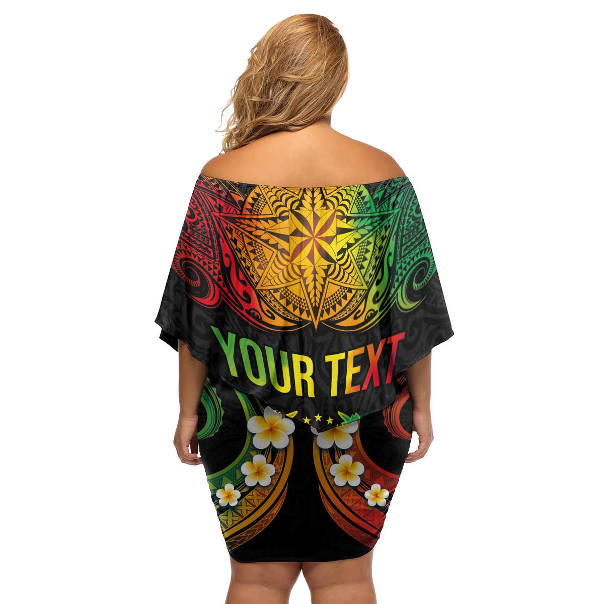 Personalised Pohnpei Independence Day Family Matching Off Shoulder Short Dress and Hawaiian Shirt Polynesian Tattoo and Plumeria Reggae Color LT03 - Polynesian Pride