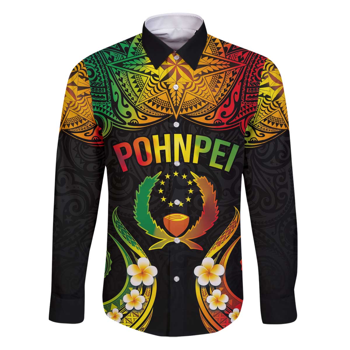 Personalised Pohnpei Independence Day Family Matching Puletasi and Hawaiian Shirt Polynesian Tattoo and Plumeria Reggae Color LT03 Dad's Shirt - Long Sleeve Reggae - Polynesian Pride
