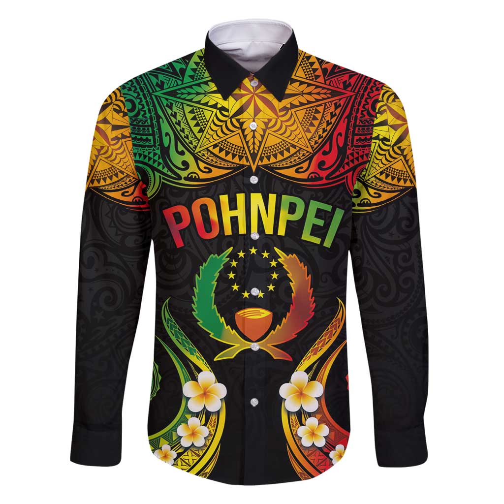 Personalised Pohnpei Independence Day Family Matching Summer Maxi Dress and Hawaiian Shirt Polynesian Tattoo and Plumeria Reggae Color LT03 Dad's Shirt - Long Sleeve Reggae - Polynesian Pride