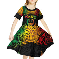 Personalised Pohnpei Independence Day Kid Short Sleeve Dress Polynesian Tattoo and Plumeria Reggae Color