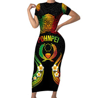 Personalised Pohnpei Independence Day Short Sleeve Bodycon Dress Polynesian Tattoo and Plumeria Reggae Color LT03 Long Dress Reggae - Polynesian Pride