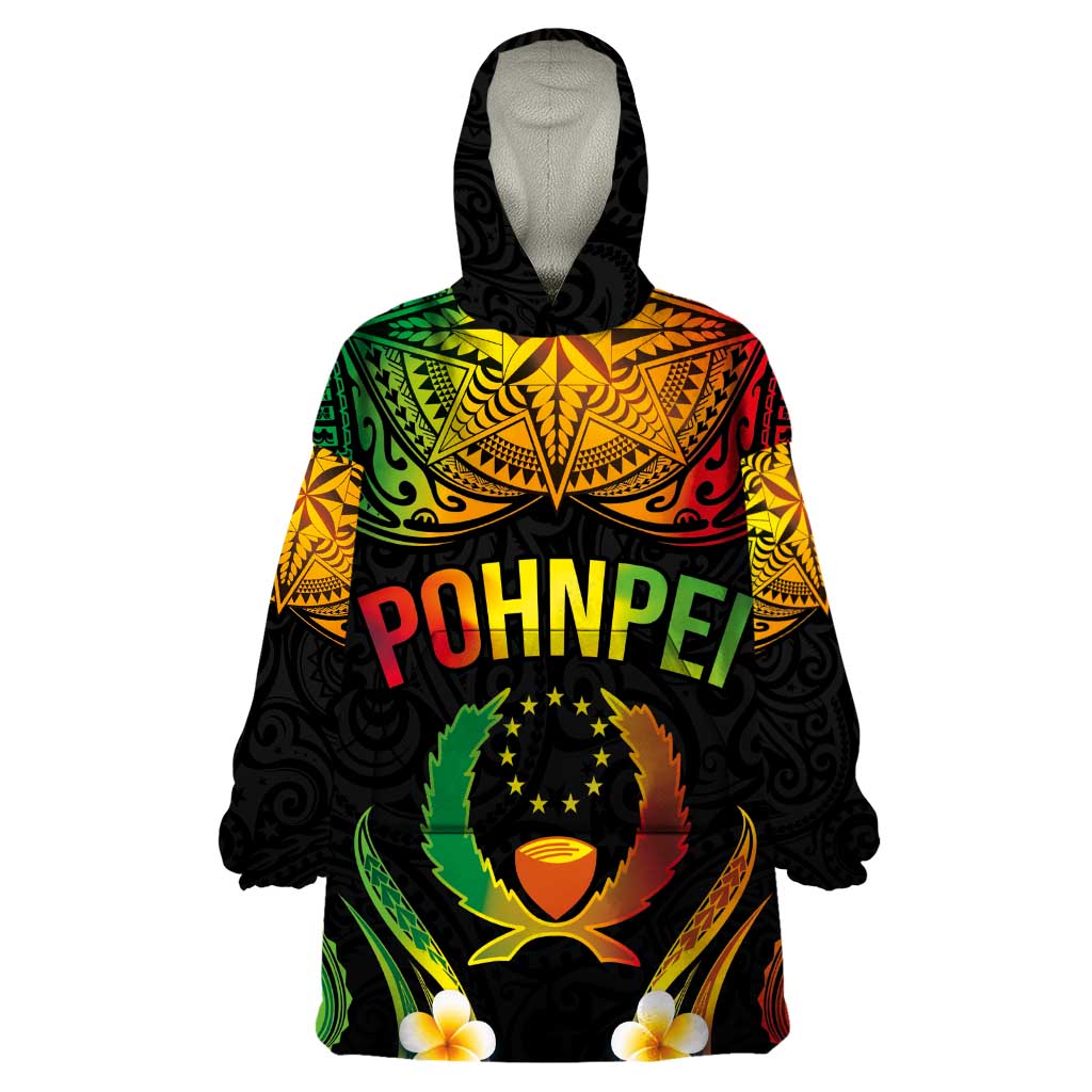 Personalised Pohnpei Independence Day Wearable Blanket Hoodie Polynesian Tattoo and Plumeria Reggae Color LT03 One Size Reggae - Polynesian Pride