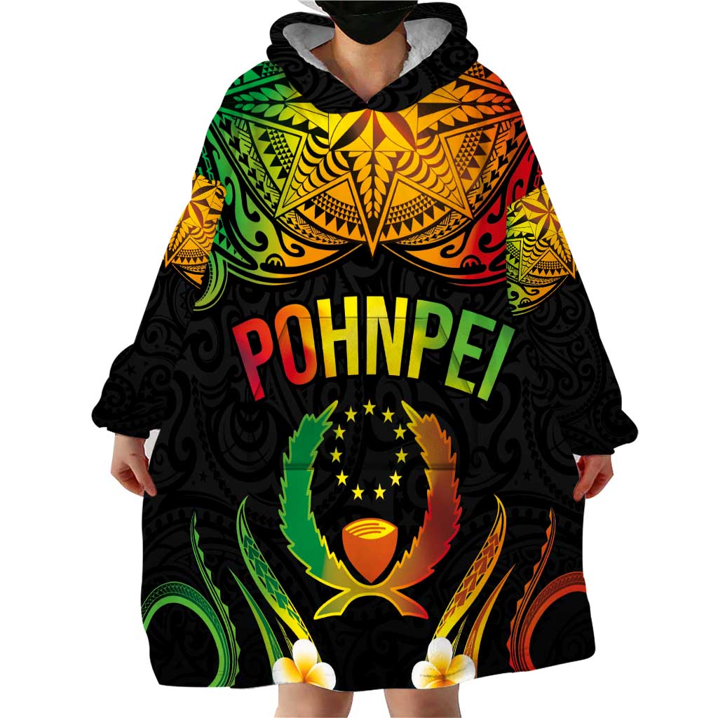 Personalised Pohnpei Independence Day Wearable Blanket Hoodie Polynesian Tattoo and Plumeria Reggae Color LT03 - Polynesian Pride