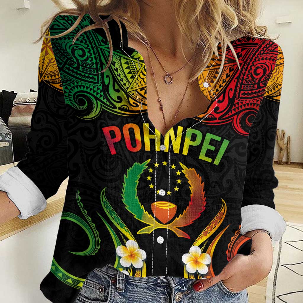 Personalised Pohnpei Independence Day Women Casual Shirt Polynesian Tattoo and Plumeria Reggae Color LT03 Female Reggae - Polynesian Pride
