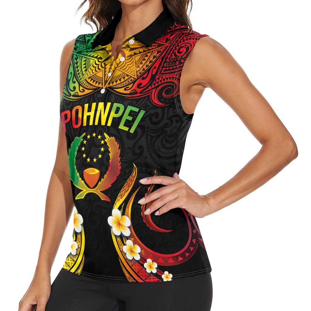 Personalised Pohnpei Independence Day Women Sleeveless Polo Shirt Polynesian Tattoo and Plumeria Reggae Color LT03 - Polynesian Pride