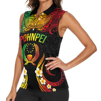 Personalised Pohnpei Independence Day Women Sleeveless Polo Shirt Polynesian Tattoo and Plumeria Reggae Color LT03 - Polynesian Pride