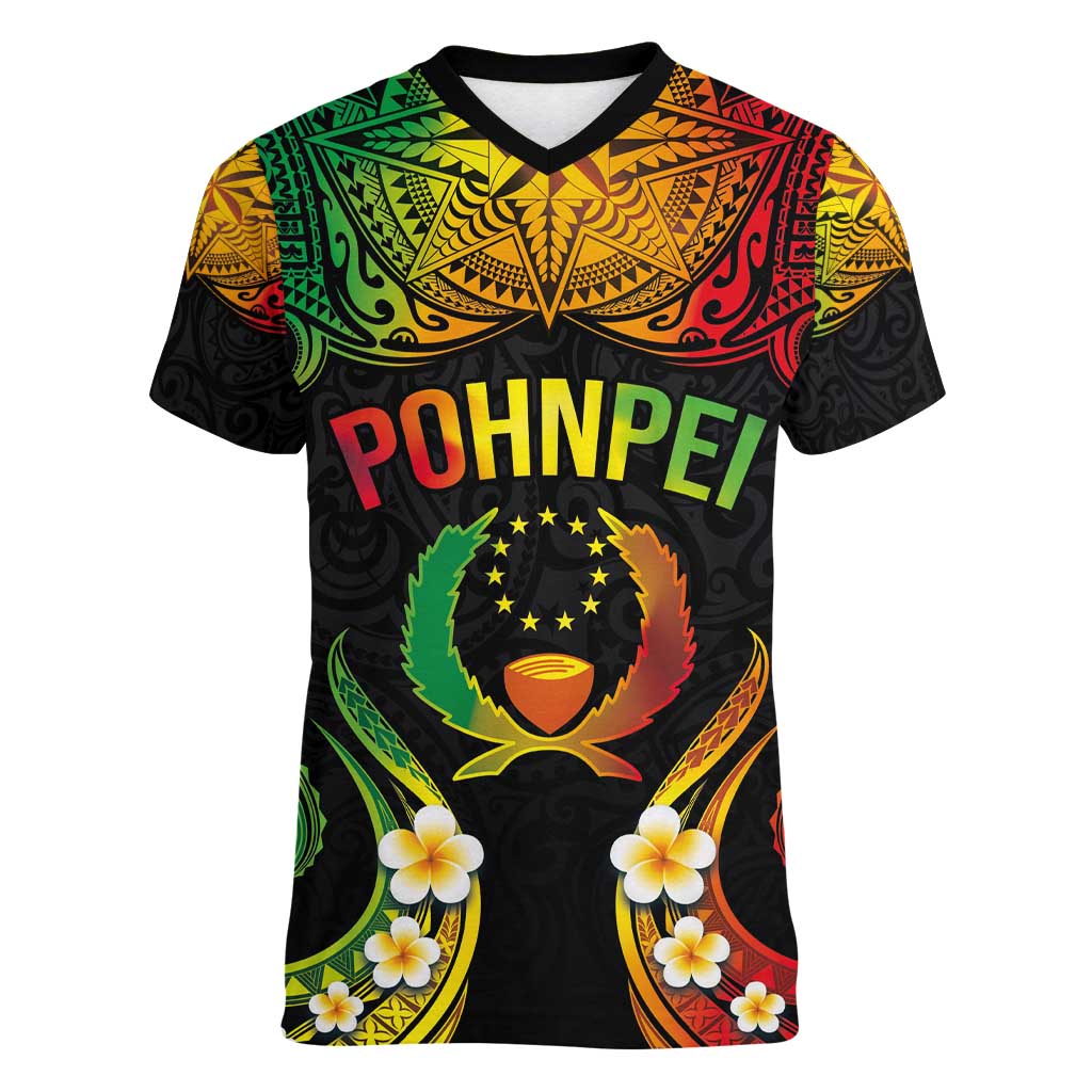 Personalised Pohnpei Independence Day Women V-Neck T-Shirt Polynesian Tattoo and Plumeria Reggae Color LT03 Female Reggae - Polynesian Pride