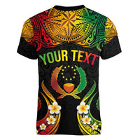 Personalised Pohnpei Independence Day Women V-Neck T-Shirt Polynesian Tattoo and Plumeria Reggae Color LT03 - Polynesian Pride