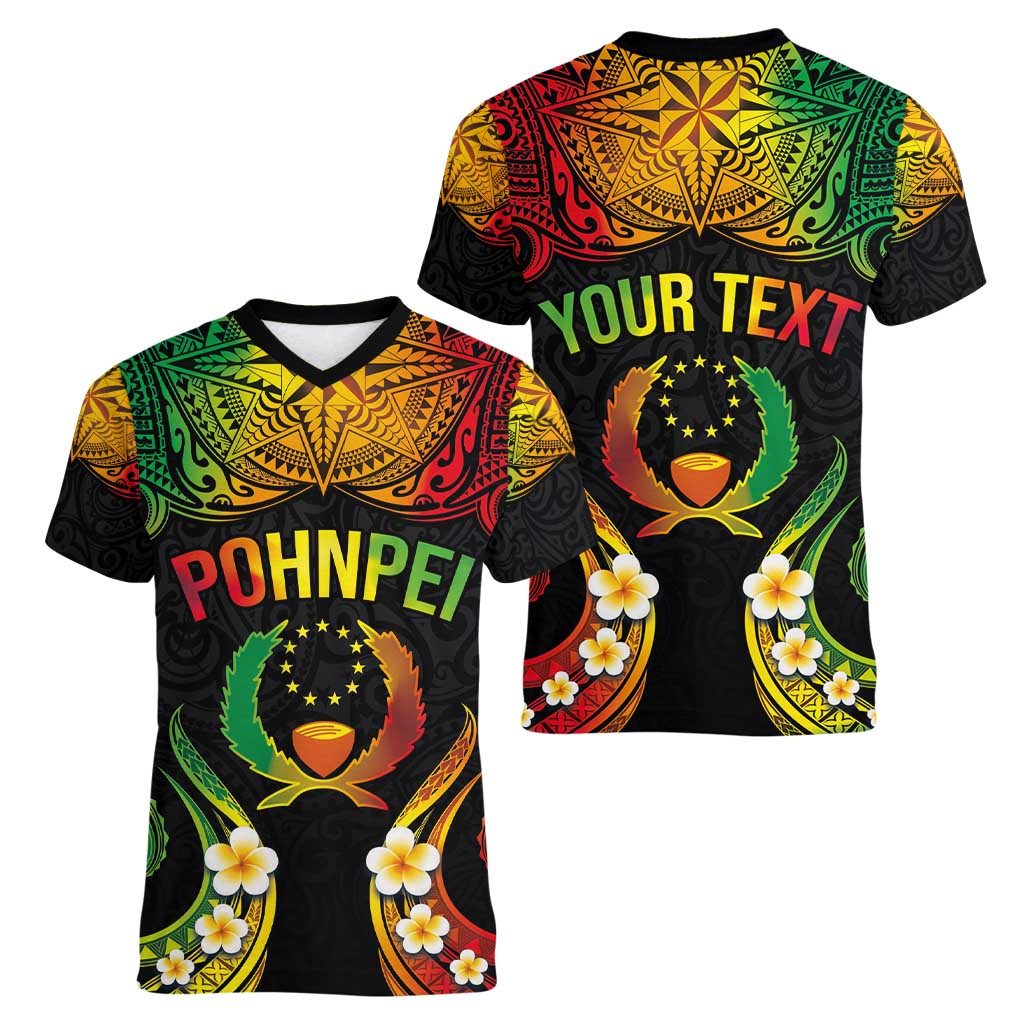 Personalised Pohnpei Independence Day Women V-Neck T-Shirt Polynesian Tattoo and Plumeria Reggae Color LT03 - Polynesian Pride
