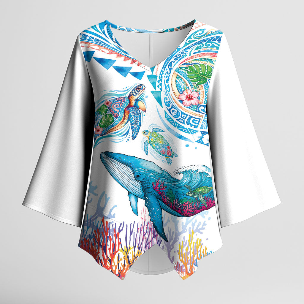 Hawaiian Turtles and Whales Kimono Sleeve Blouse Polynesian Tropical Tattoo Ocean Style