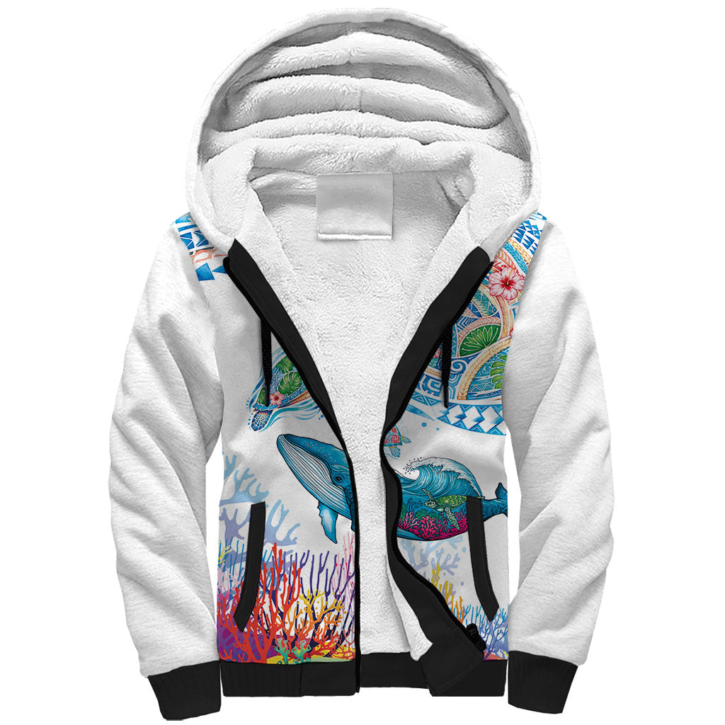 Hawaiian Turtles and Whales Sherpa Hoodie Polynesian Tropical Tattoo Ocean Style LT03 Unisex Multicolor - Polynesian Pride