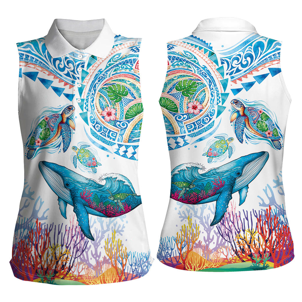 Hawaiian Turtles and Whales Women Sleeveless Polo Shirt Polynesian Tropical Tattoo Ocean Style LT03 - Polynesian Pride