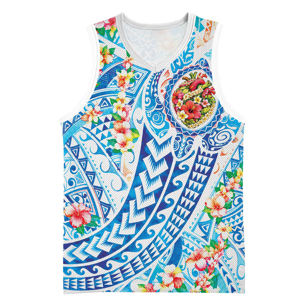 Hawaiian Turtle and Lei Basketball Jersey Tribal Kakau and Tropical Plants Human Heart