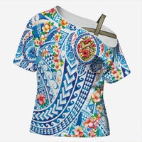 Hawaiian Turtle and Lei Cross Shoulder Shirt Tribal Kakau and Tropical Plants Human Heart LT03 Female Multicolor - Polynesian Pride