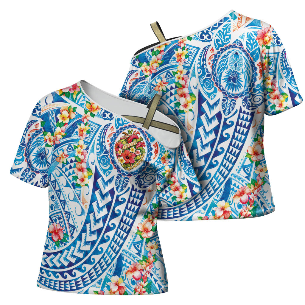 Hawaiian Turtle and Lei Cross Shoulder Shirt Tribal Kakau and Tropical Plants Human Heart LT03 - Polynesian Pride