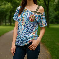 Hawaiian Turtle and Lei Cross Shoulder Shirt Tribal Kakau and Tropical Plants Human Heart LT03 - Polynesian Pride