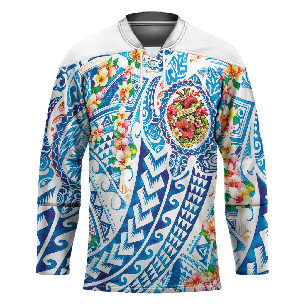 Hawaiian Turtle and Lei Hockey Jersey Tribal Kakau and Tropical Plants Human Heart LT03 Unisex Multicolor - Polynesian Pride