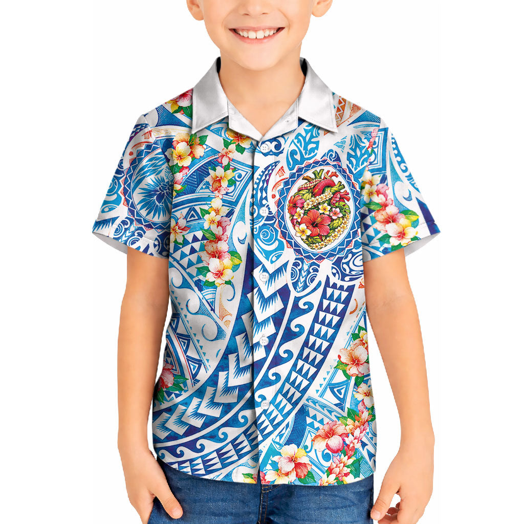 Hawaiian Turtle and Lei Kid Hawaiian Shirt Tribal Kakau and Tropical Plants Human Heart
