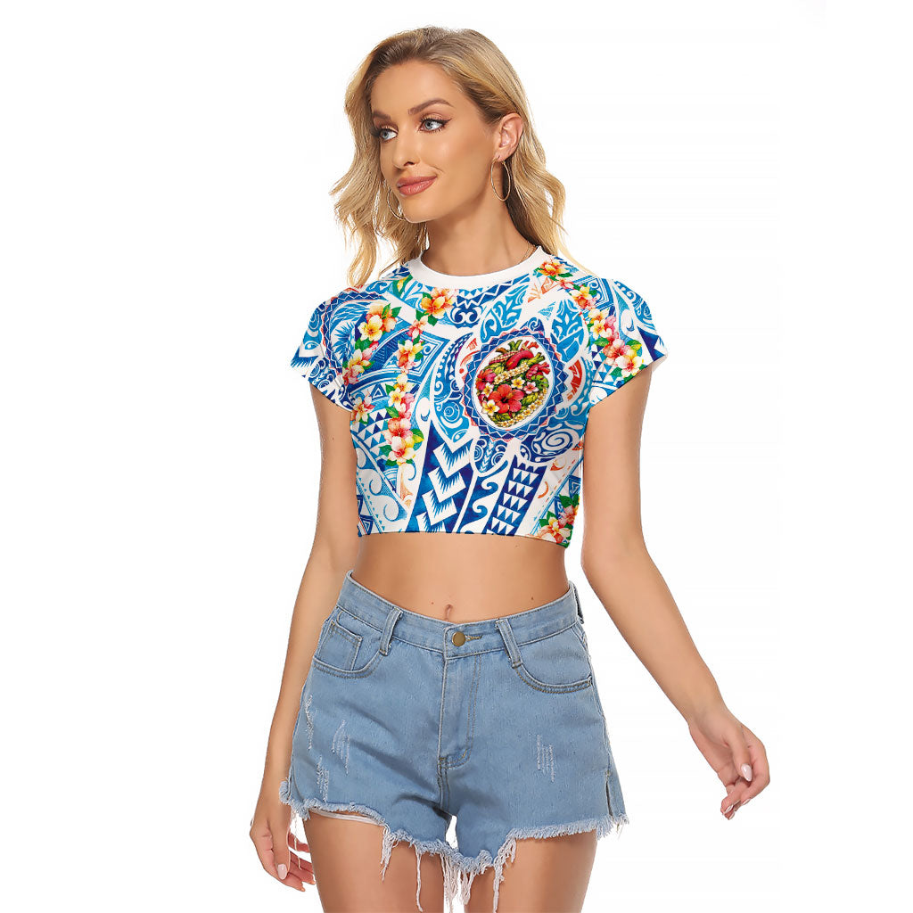 Hawaiian Turtle and Lei Raglan Cropped T Shirt Tribal Kakau and Tropical Plants Human Heart LT03 Female Multicolor - Polynesian Pride