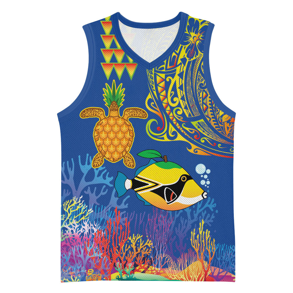 Hawaii Ocean Basketball Jersey Pineapple Turtle and Mango Reef Triggerfish and Kakau Tattoo