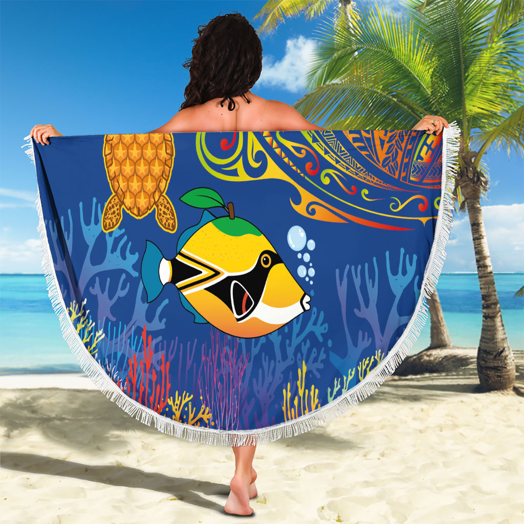 Hawaii Ocean Beach Blanket Pineapple Turtle and Mango Reef Triggerfish and Kakau Tattoo LT03 - Polynesian Pride