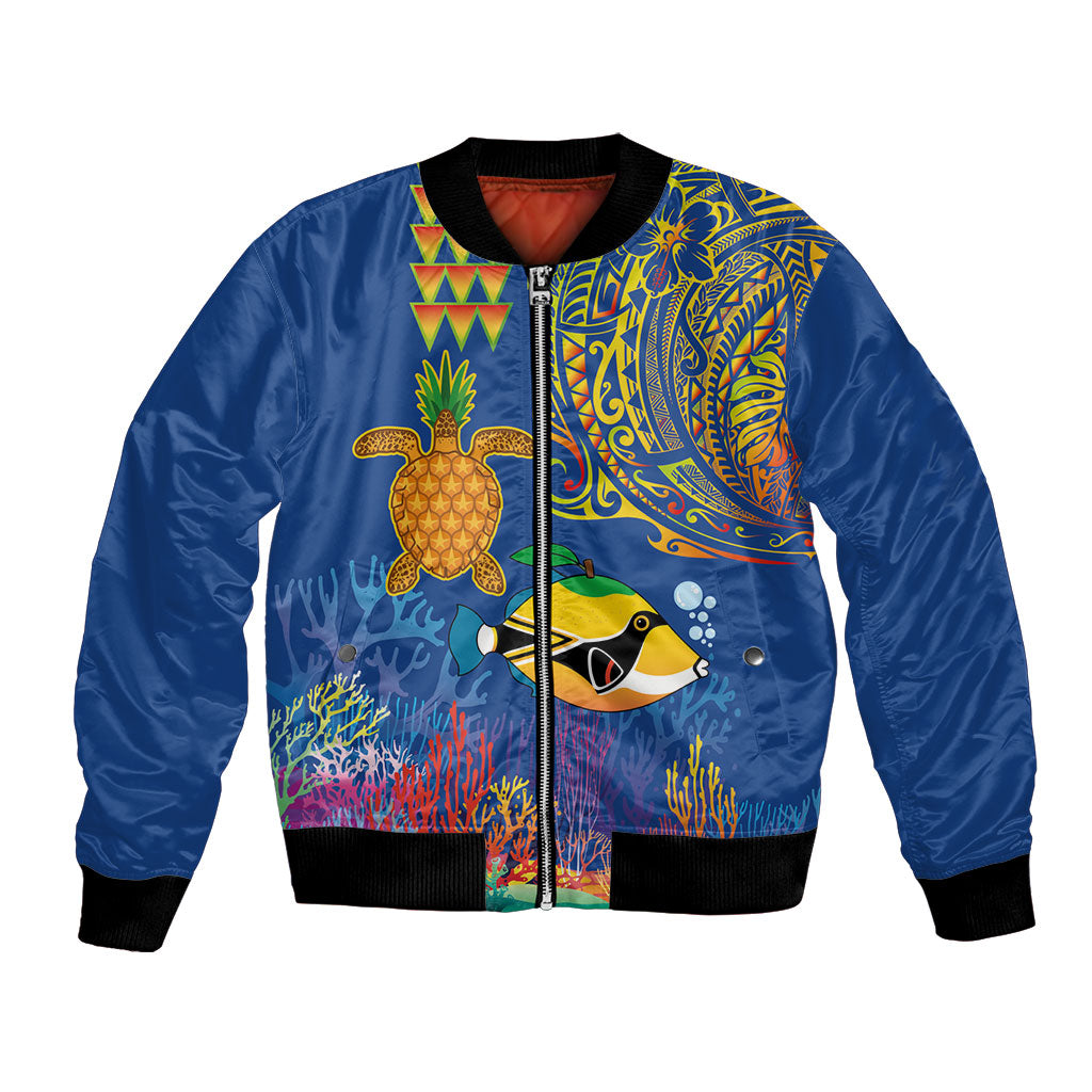 Hawaii Ocean Bomber Jacket Pineapple Turtle and Mango Reef Triggerfish and Kakau Tattoo LT03 Unisex Multicolor - Polynesian Pride