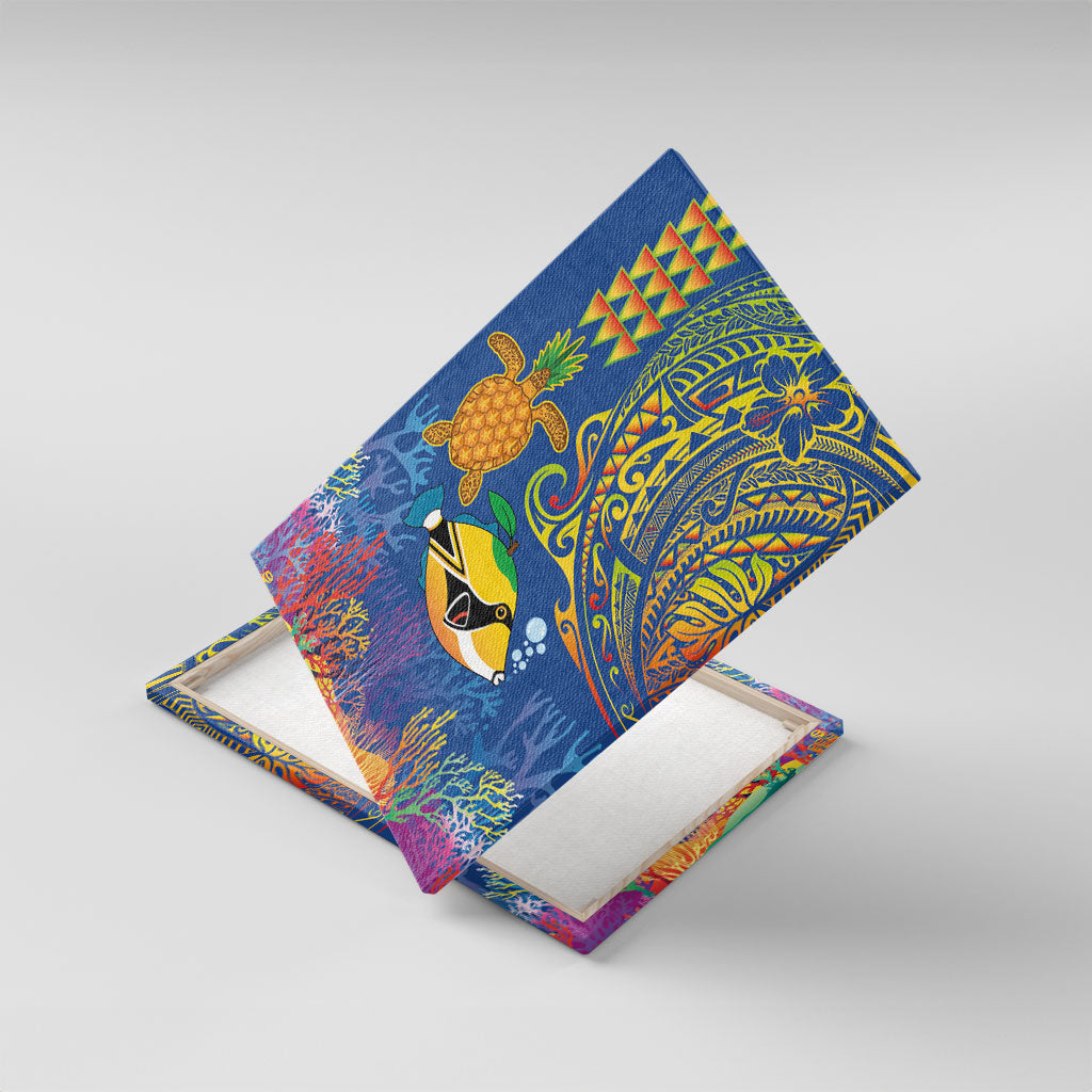 Hawaii Ocean Canvas Wall Art Pineapple Turtle and Mango Reef Triggerfish and Kakau Tattoo LT03 With Frame Multicolor - Polynesian Pride