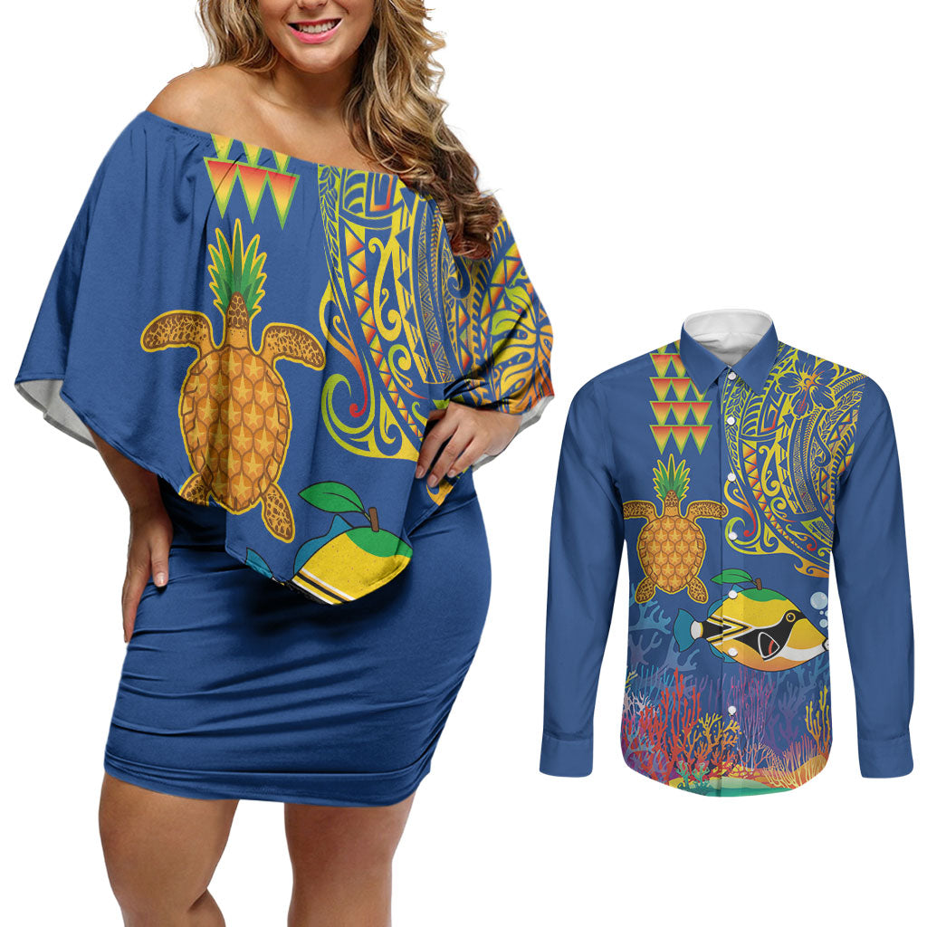 Hawaii Ocean Couples Matching Off Shoulder Short Dress and Long Sleeve Button Shirt Pineapple Turtle and Mango Reef Triggerfish and Kakau Tattoo