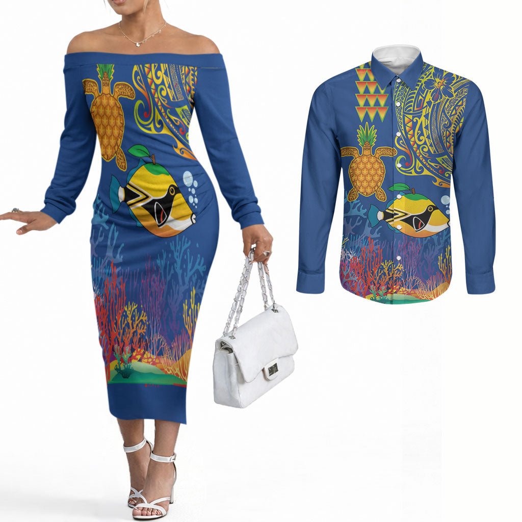 Hawaii Ocean Couples Matching Off The Shoulder Long Sleeve Dress and Long Sleeve Button Shirt Pineapple Turtle and Mango Reef Triggerfish and Kakau Tattoo