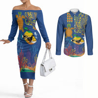 Hawaii Ocean Couples Matching Off The Shoulder Long Sleeve Dress and Long Sleeve Button Shirt Pineapple Turtle and Mango Reef Triggerfish and Kakau Tattoo LT03 Multicolor - Polynesian Pride