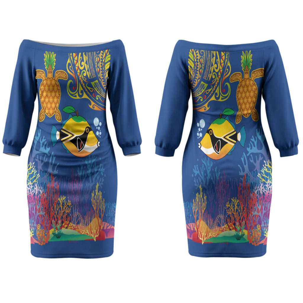 Hawaii Ocean Couples Matching Off The Shoulder Long Sleeve Dress and Long Sleeve Button Shirt Pineapple Turtle and Mango Reef Triggerfish and Kakau Tattoo LT03 - Polynesian Pride