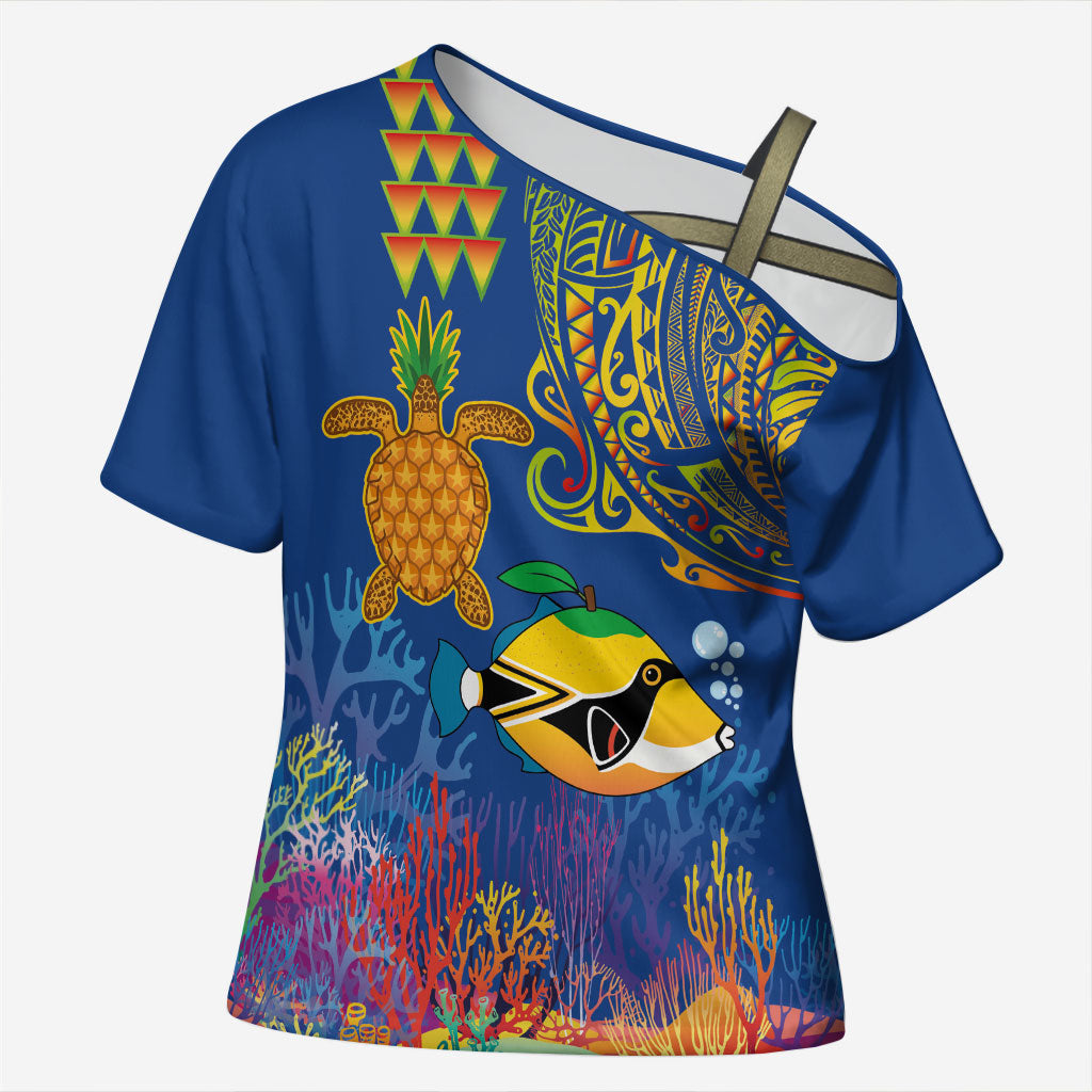 Hawaii Ocean Cross Shoulder Shirt Pineapple Turtle and Mango Reef Triggerfish and Kakau Tattoo