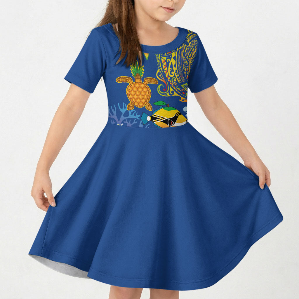 Hawaii Ocean Kid Short Sleeve Dress Pineapple Turtle and Mango Reef Triggerfish and Kakau Tattoo