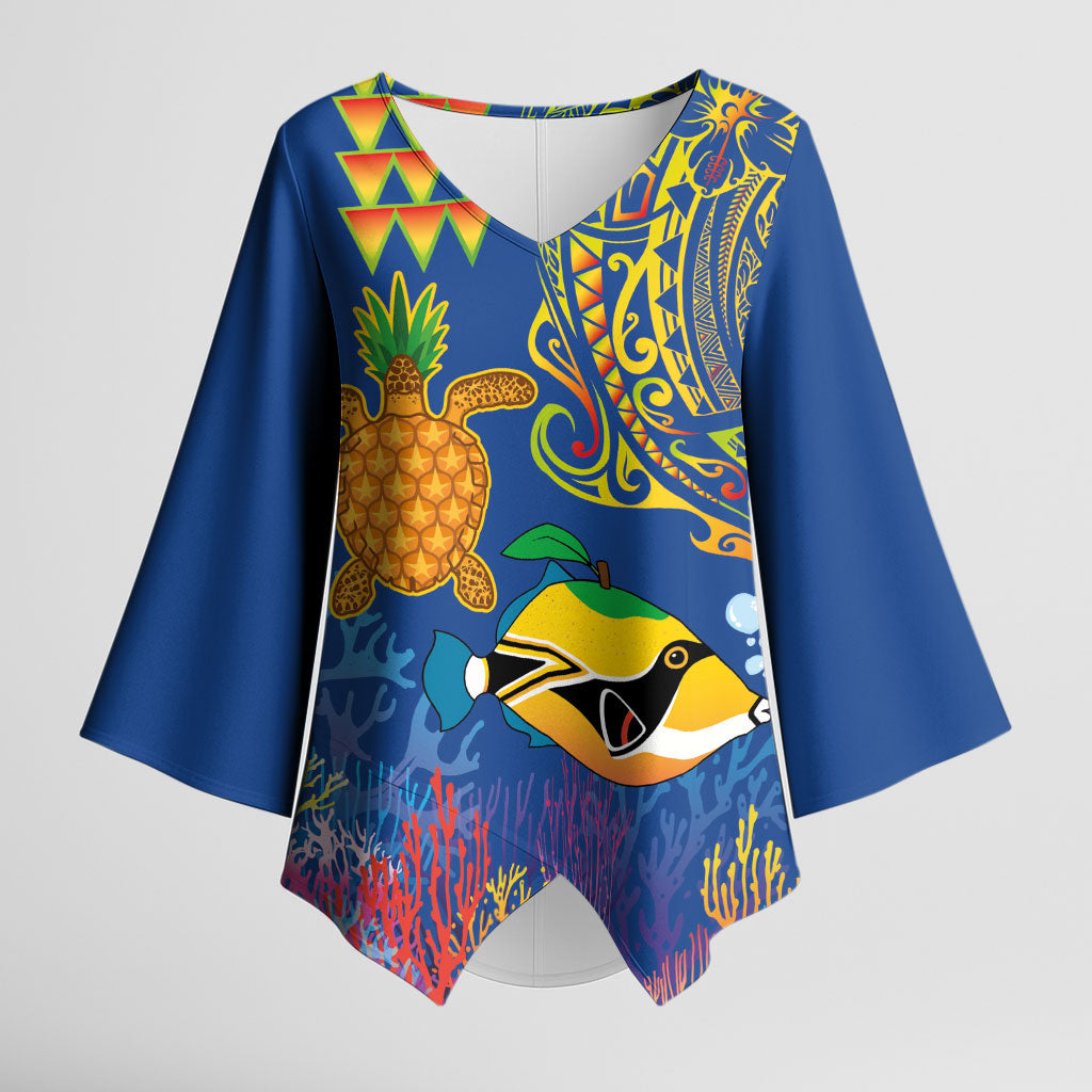 Hawaii Ocean Kimono Sleeve Blouse Pineapple Turtle and Mango Reef Triggerfish and Kakau Tattoo