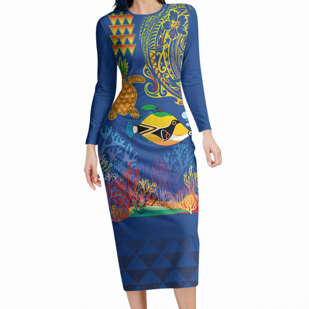 Hawaii Ocean Long Sleeve Bodycon Dress Pineapple Turtle and Mango Reef Triggerfish and Kakau Tattoo LT03 Long Dress Multicolor - Polynesian Pride