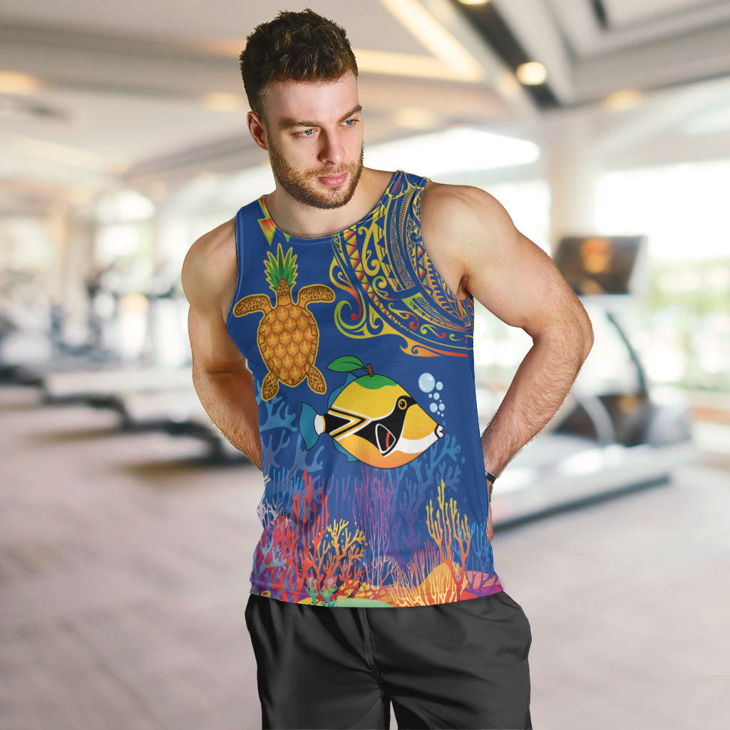 Hawaii Ocean Men Tank Top Pineapple Turtle and Mango Reef Triggerfish and Kakau Tattoo