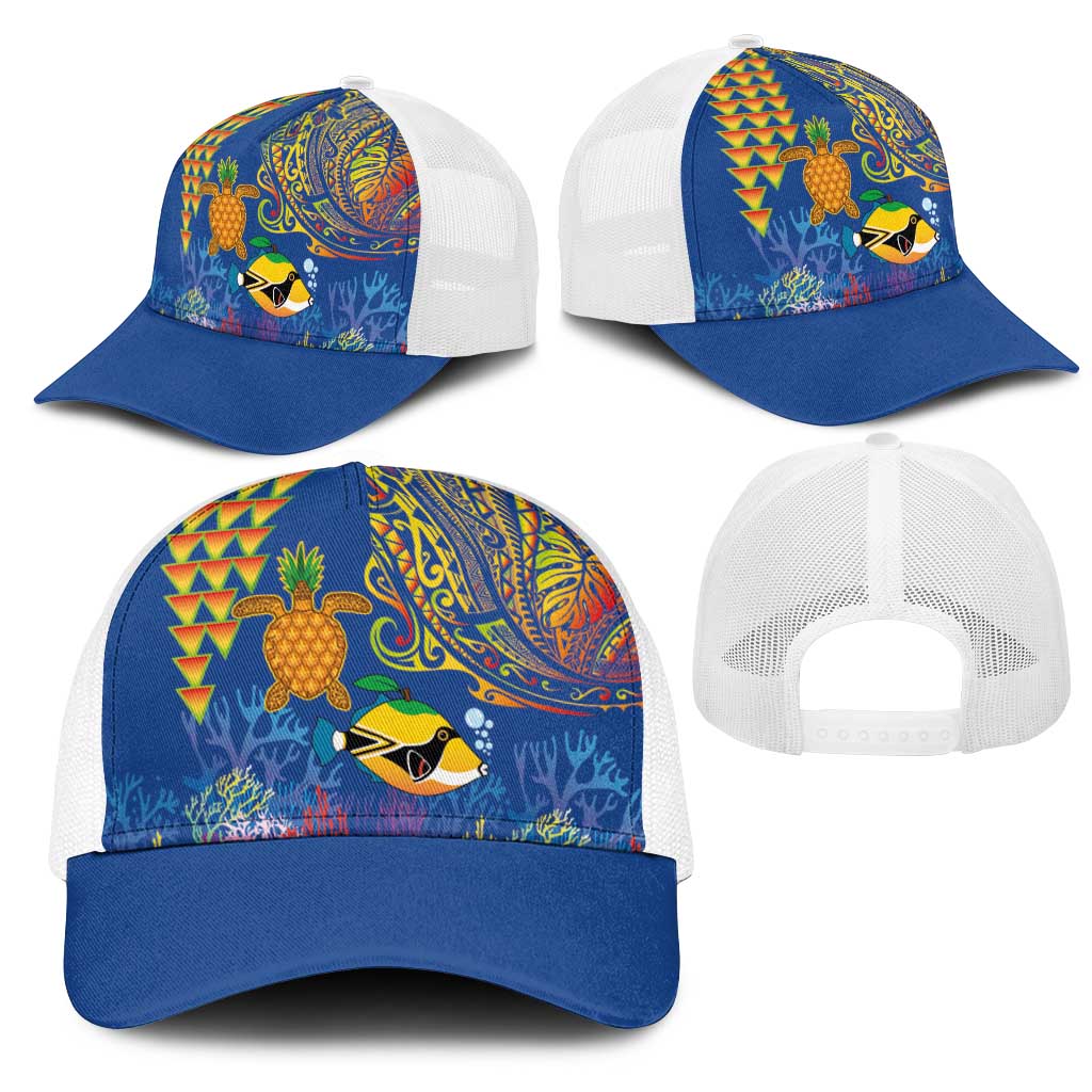 Hawaii Ocean Mesh Trucker Cap Pineapple Turtle and Mango Reef Triggerfish and Kakau Tattoo LT03 - Polynesian Pride