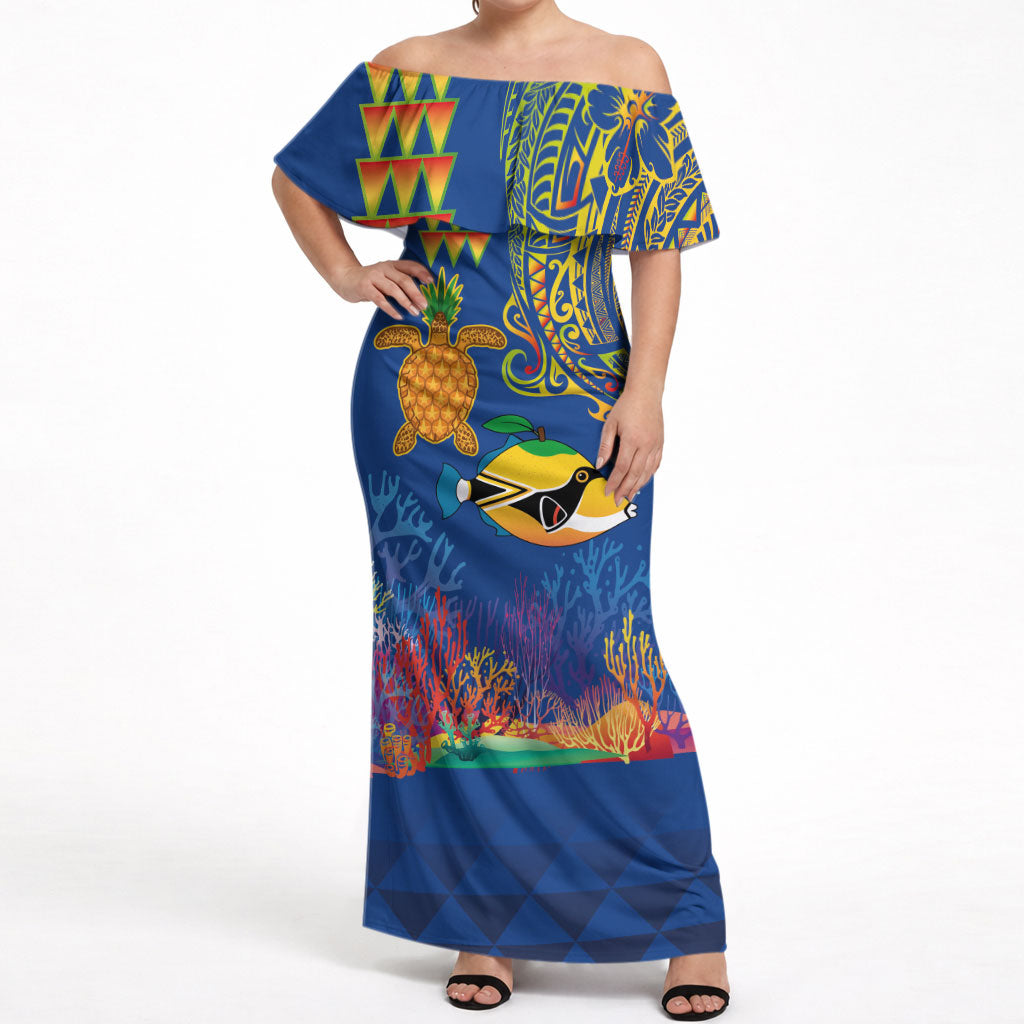 Hawaii Ocean Off Shoulder Maxi Dress Pineapple Turtle and Mango Reef Triggerfish and Kakau Tattoo