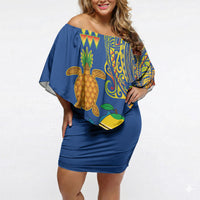 Hawaii Ocean Off Shoulder Short Dress Pineapple Turtle and Mango Reef Triggerfish and Kakau Tattoo LT03 Women Multicolor - Polynesian Pride