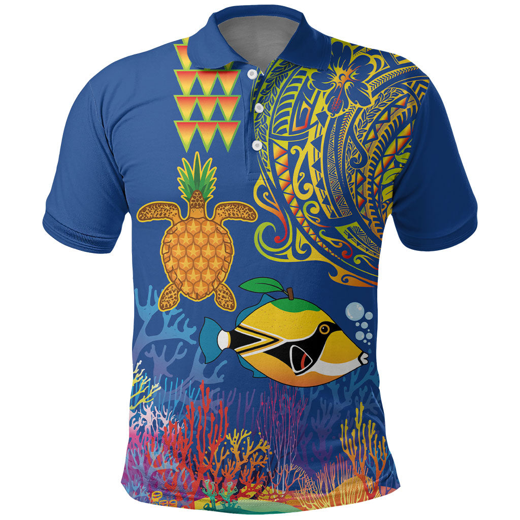 Hawaii Ocean Polo Shirt Pineapple Turtle and Mango Reef Triggerfish and Kakau Tattoo LT03 Multicolor - Polynesian Pride