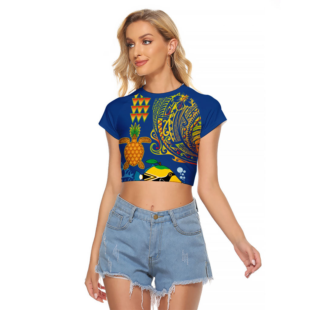 Hawaii Ocean Raglan Cropped T Shirt Pineapple Turtle and Mango Reef Triggerfish and Kakau Tattoo
