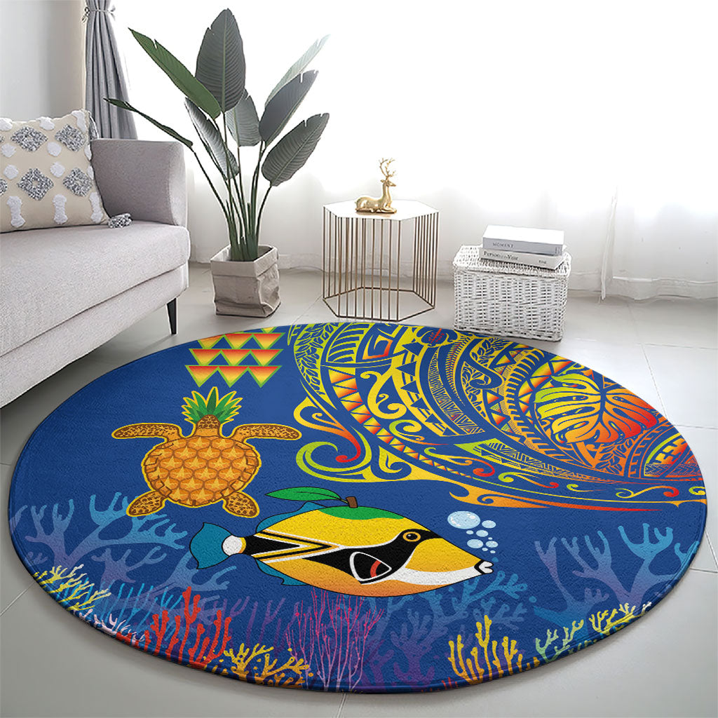 Hawaii Ocean Round Carpet Pineapple Turtle and Mango Reef Triggerfish and Kakau Tattoo LT03 - Polynesian Pride
