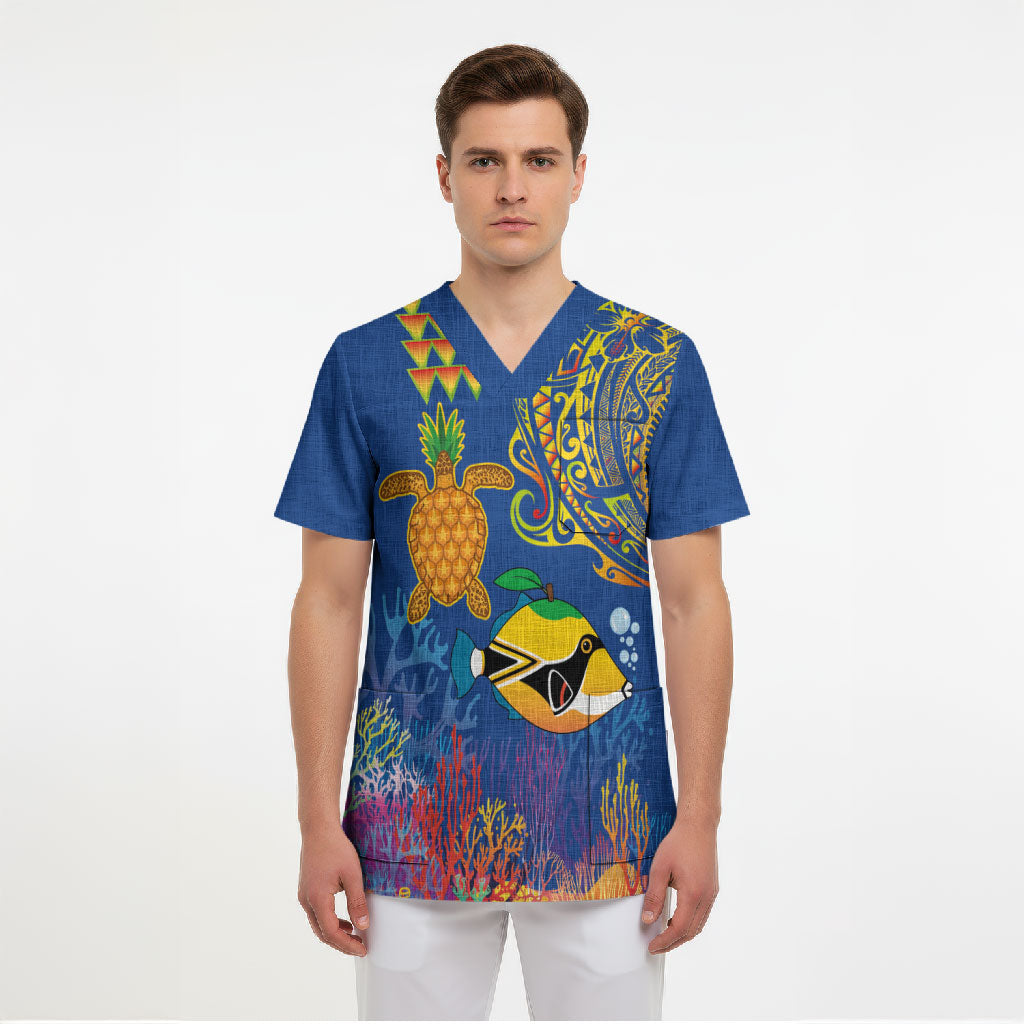 Hawaii Ocean Scrub Top Pineapple Turtle and Mango Reef Triggerfish and Kakau Tattoo LT03 - Polynesian Pride