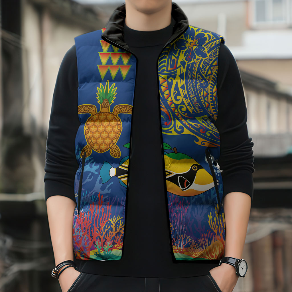 Hawaii Ocean Sleeveless Puffer Jacket Pineapple Turtle and Mango Reef Triggerfish and Kakau Tattoo LT03 - Polynesian Pride