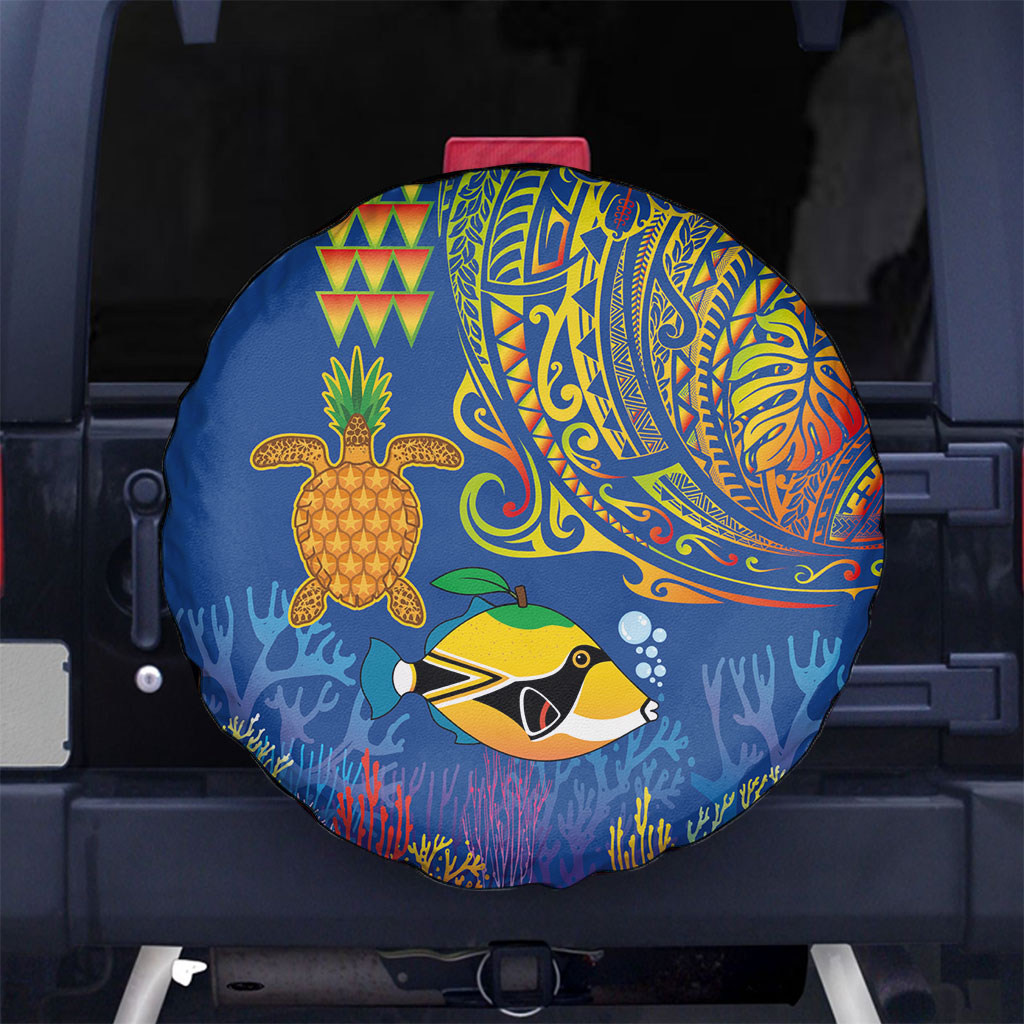 Hawaii Ocean Spare Tire Cover Pineapple Turtle and Mango Reef Triggerfish and Kakau Tattoo