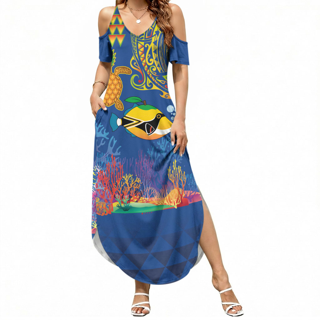 Hawaii Ocean Summer Maxi Dress Pineapple Turtle and Mango Reef Triggerfish and Kakau Tattoo