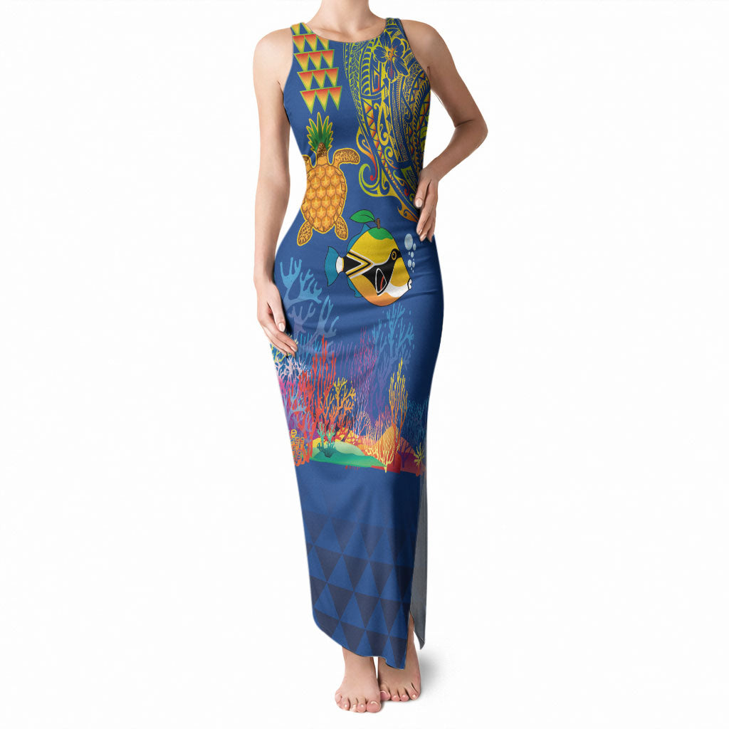 Hawaii Ocean Tank Maxi Dress Pineapple Turtle and Mango Reef Triggerfish and Kakau Tattoo