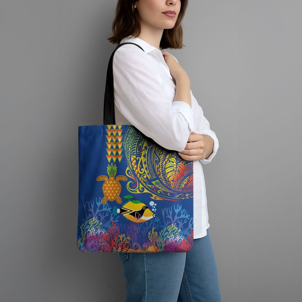Hawaii Ocean Tote Bag Pineapple Turtle and Mango Reef Triggerfish and Kakau Tattoo LT03 - Polynesian Pride